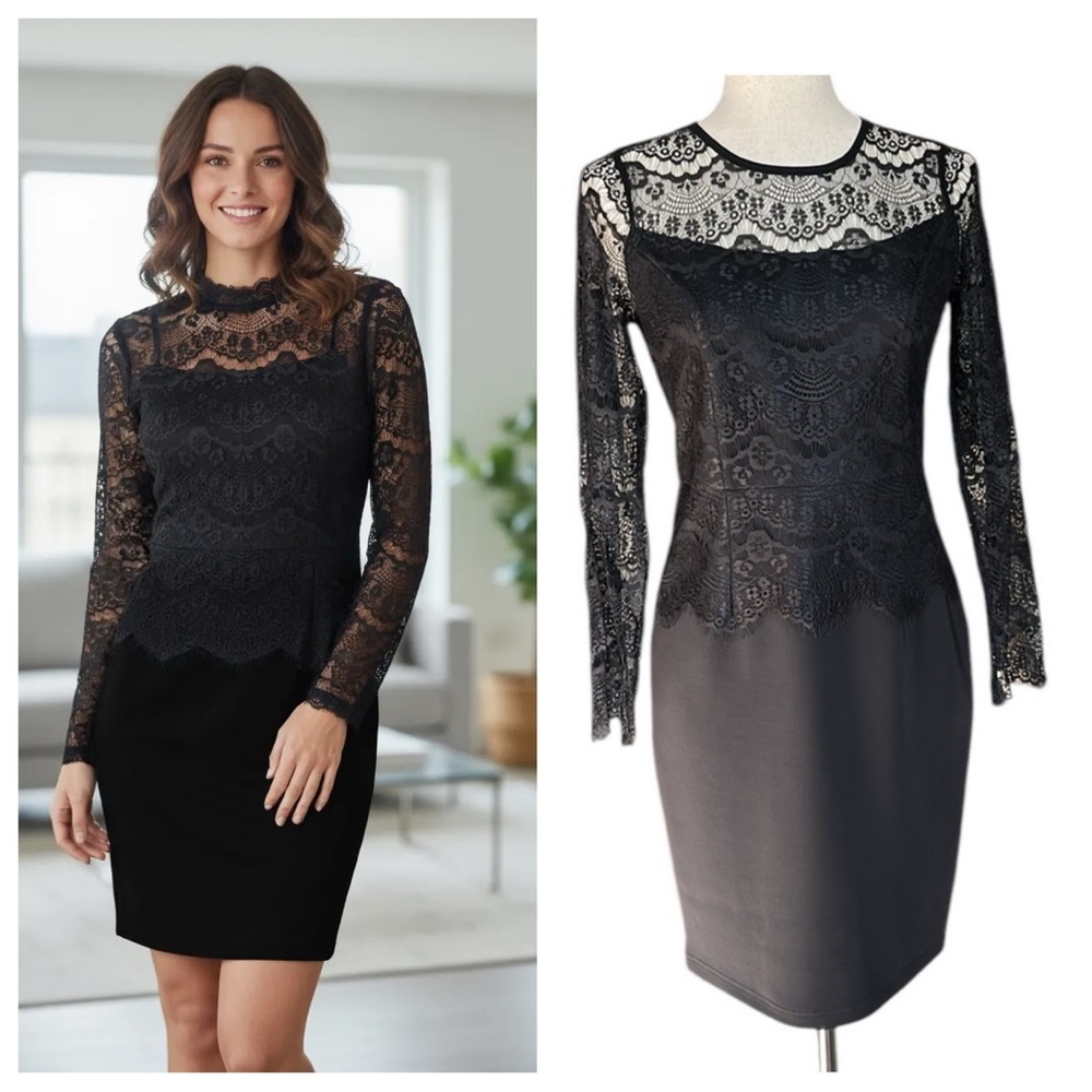 Spense scuba little black dress with lace bodice and sleeve